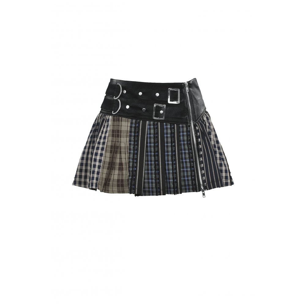 Dark in Love Sage Tartan Patchwork Leather-Waist Pleated Mini Skirt
