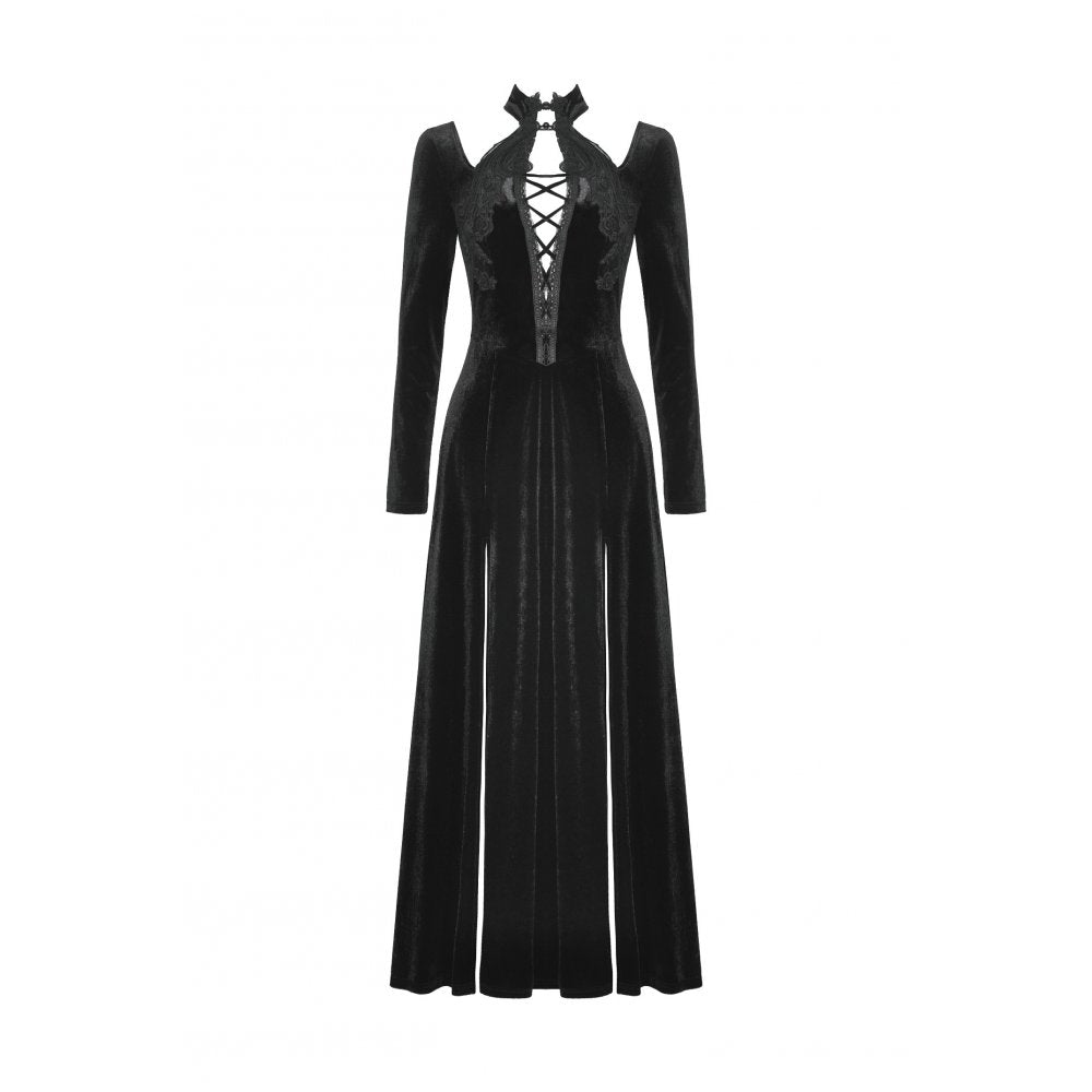 Dark in Love Vera Gothic Velvet High-Slit Maxi Dress with Hollow Neckline, Embroidered Buttons