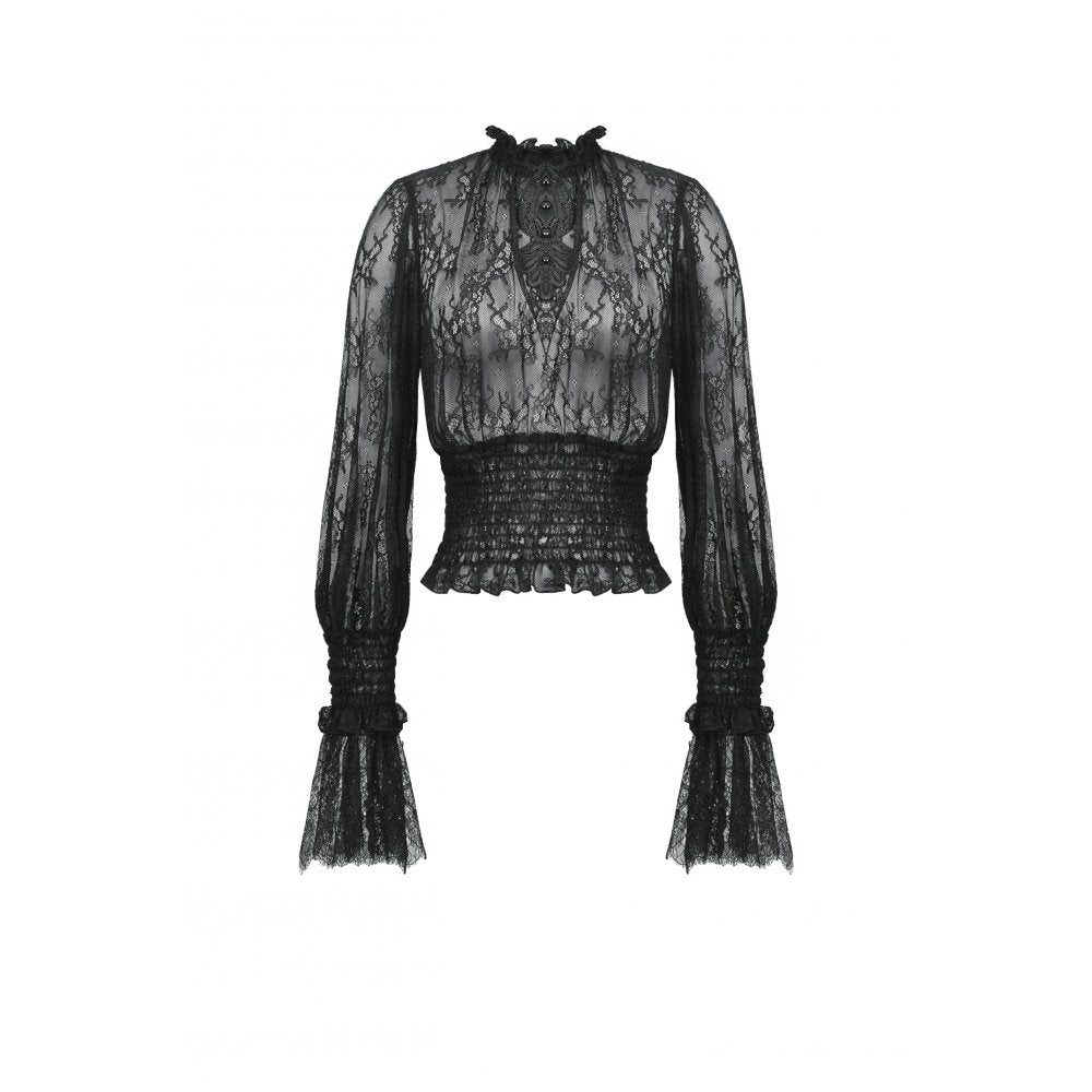 Dark in Love Aoife Black Hollow Lace Elastic Pleated-Waist Eyelash Lace Cuff Top