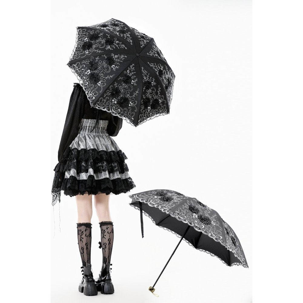 Dark in Love Belladonna Embroidered Folding Parasol in Black
