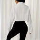 Women's Stand Up Collar Front Button Long Sleeve Textured Short Top