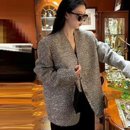 Vireous Elegant Classic-Style Silver-Thread Tweed Women's Blazer