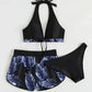 Three-Piece Leaf Print Bikini with Shorts, Fashion Summer Beach Swimsuit