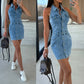 Single-Breasted Lapel Collar Sleeveless Denim Mini Dress