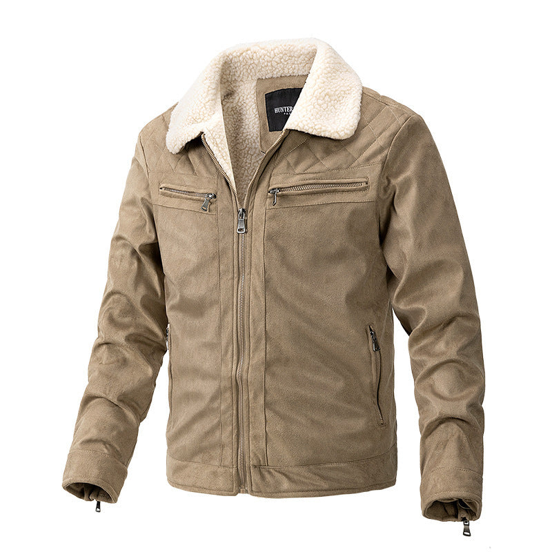 Men's Suede Fabric Jacket, Berber Fleece Collar Short Coat