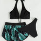 Three-Piece Leaf Print Bikini with Shorts, Fashion Summer Beach Swimsuit