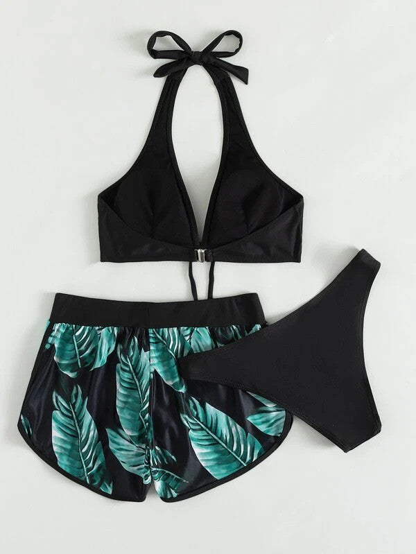Three-Piece Leaf Print Bikini with Shorts, Fashion Summer Beach Swimsuit