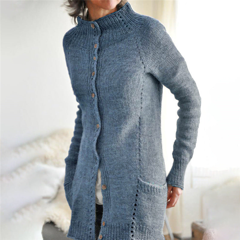 Vireous Women's High-Neck Urban Casual Woollen Long Cardigan