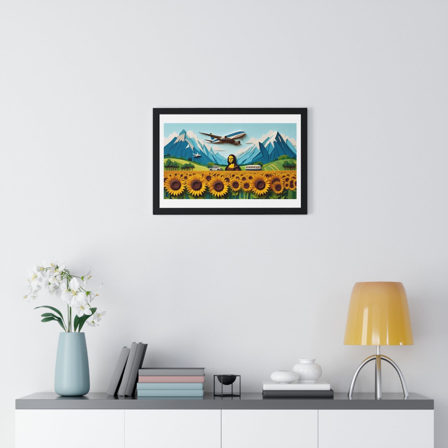 Mona Lisa in a Sunflower Meadow, Abstract Art 'Designed by AI' Framed Print