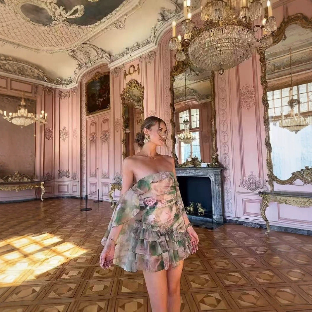 Chiffon Abstract Printed Ruffles Tube Dress