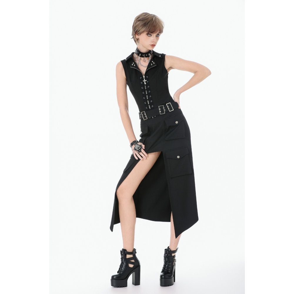 Dark in Love Punk Layered-Pocket Cutout Belted Long Skirt