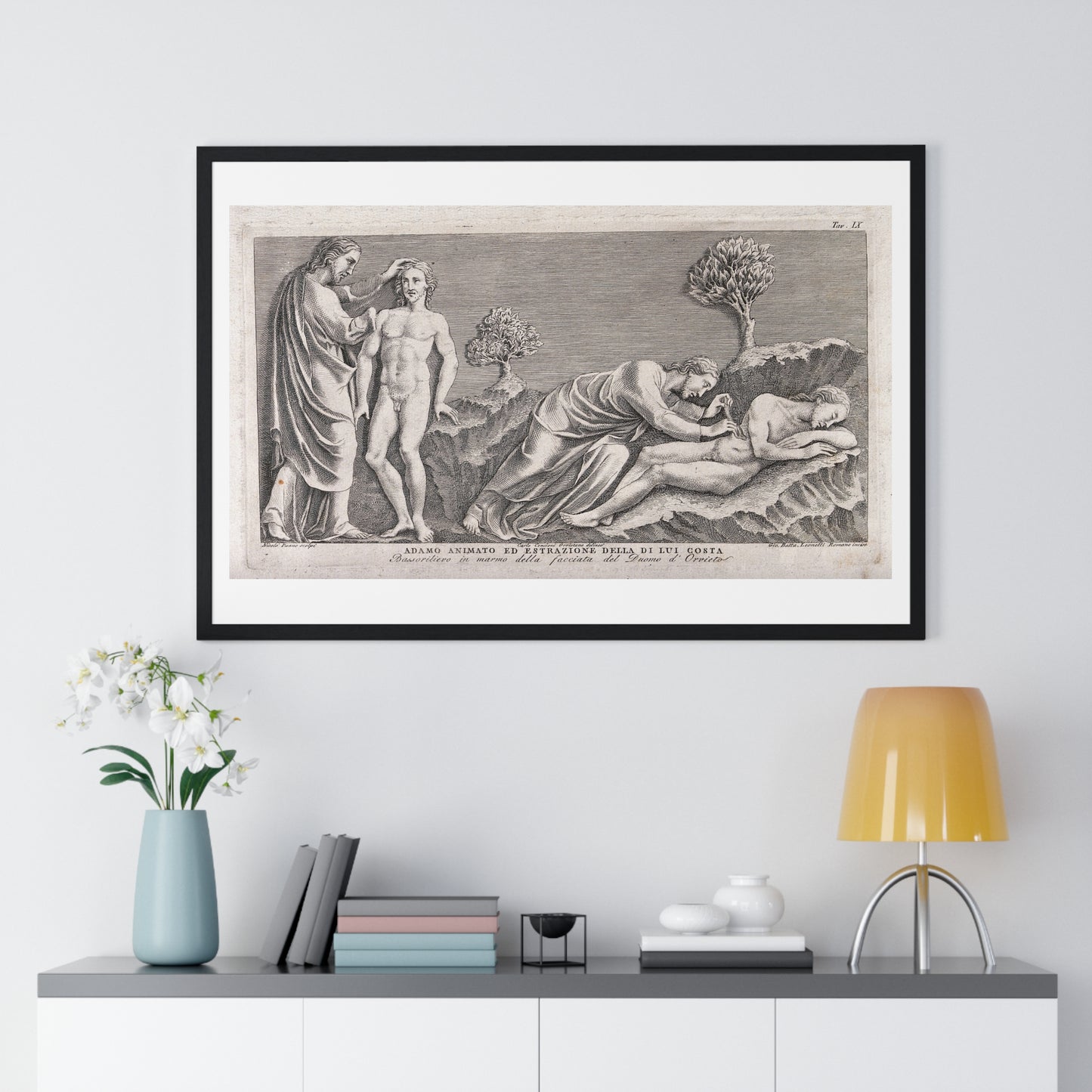 God Animates Adam and Operates on his Rib, Etching by Giovanni Leonetti after Carlo Cencioni after Nicola Pisano, Framed Print