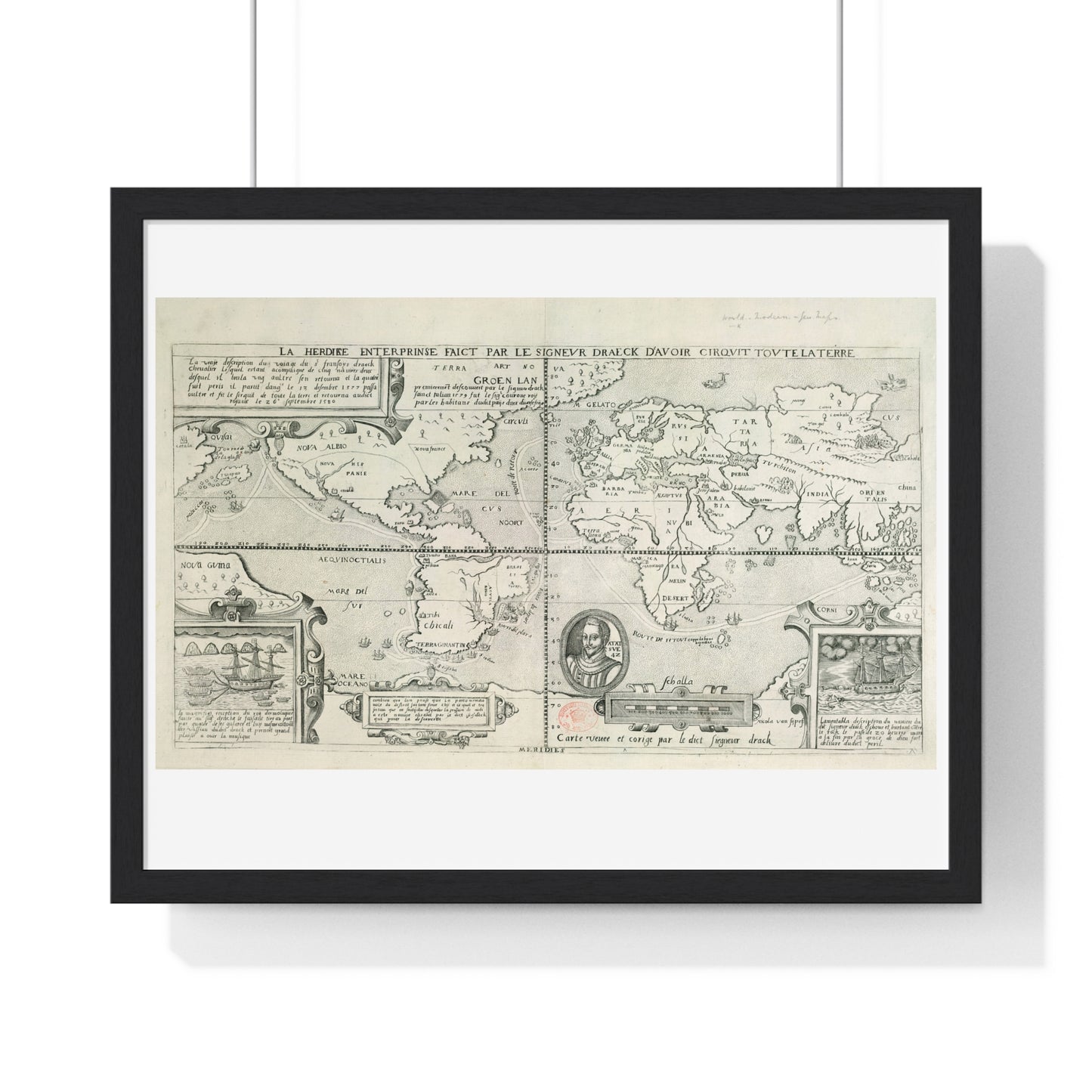 Francis Drake's World Voyage, Tudor Antique Map (circa 1581) from the Original, Framed Print