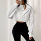 Women's Stand Up Collar Front Button Long Sleeve Textured Short Top