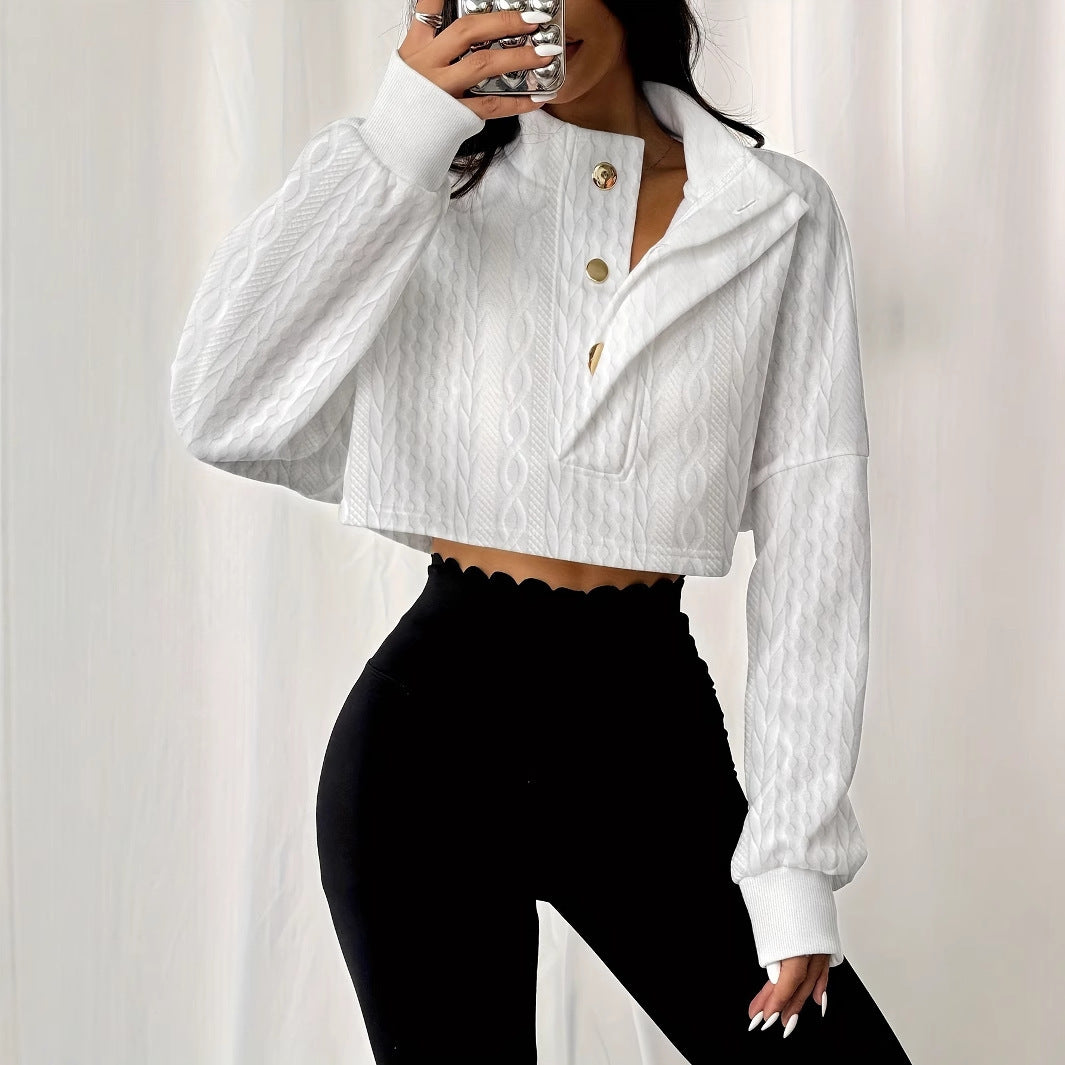 Women's Stand Up Collar Front Button Long Sleeve Textured Short Top