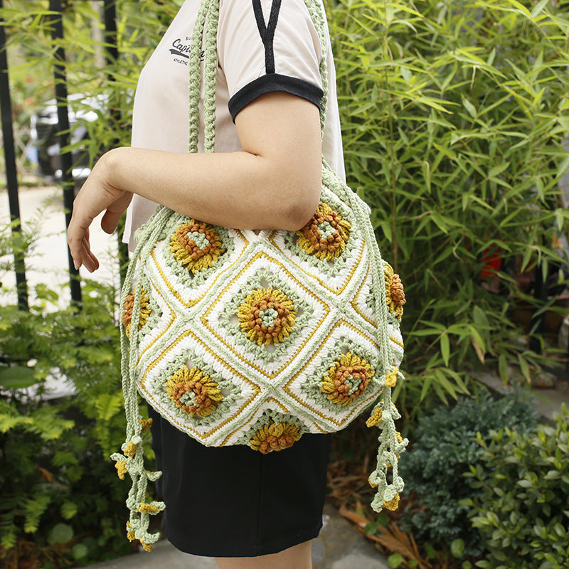 Wool Crocheted Drawstring Handmade Shoulder Handbag