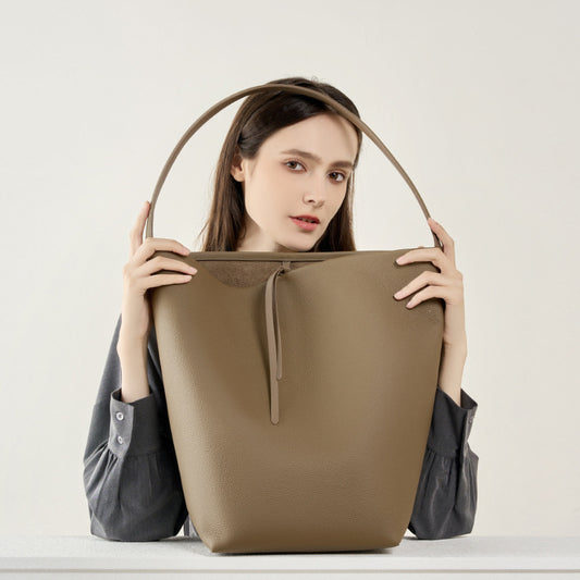 Vireous Minimalist-Style Leather Large Capacity One-Shoulder Bucket Bag