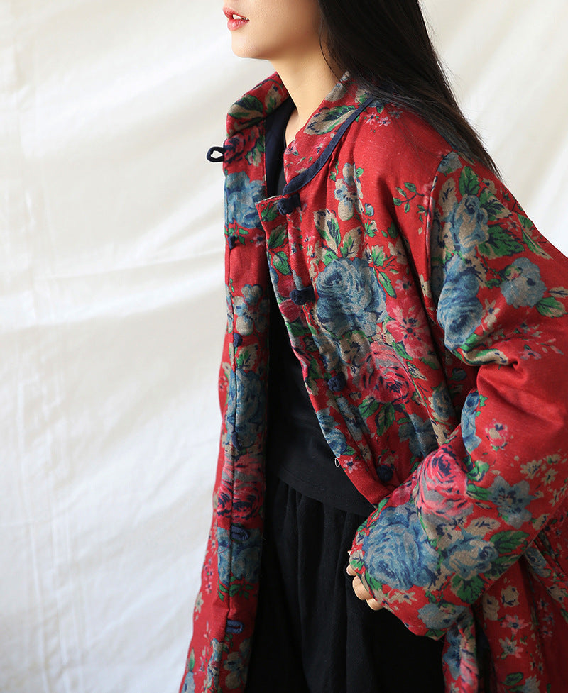 Vireous Cotton and Linen Women's Floral Retro Art Padded Coat