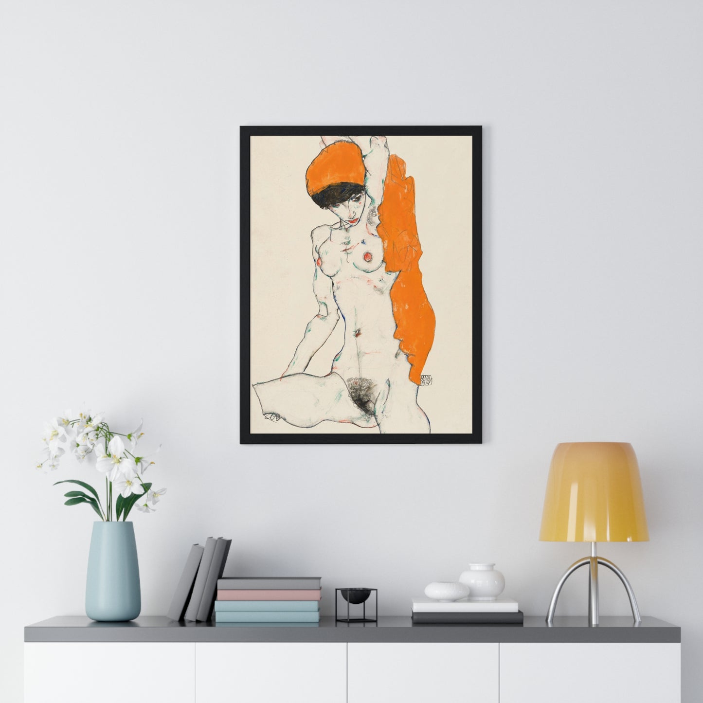 Standing Nude with Orange Drapery (1914) Line Art by Egon Schiele from the Original, Framed Art Print