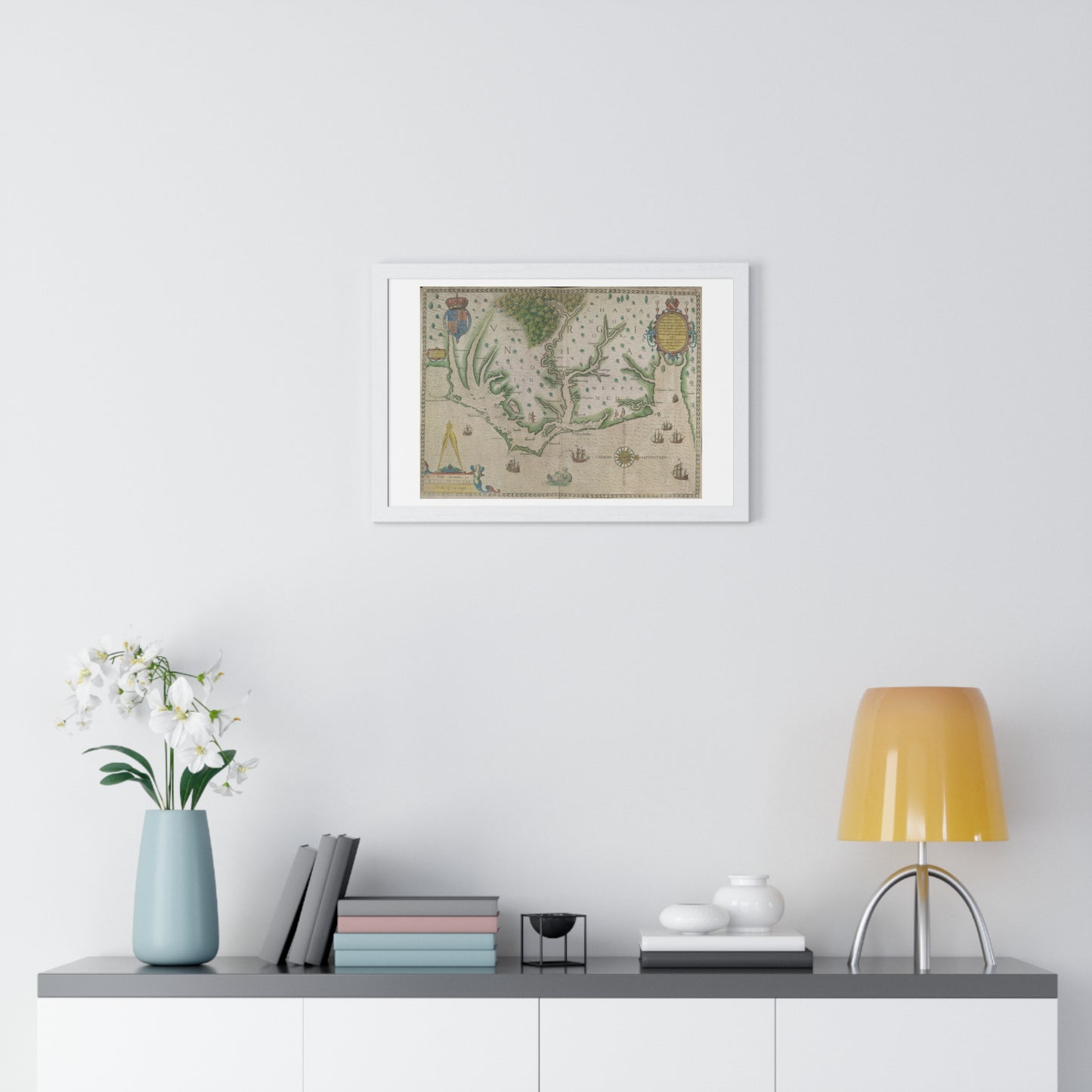 Engraved Map of Virginia (1618) Showing the Arrival of Sir Walter Raleigh's Expedition, from the Original, Framed Print