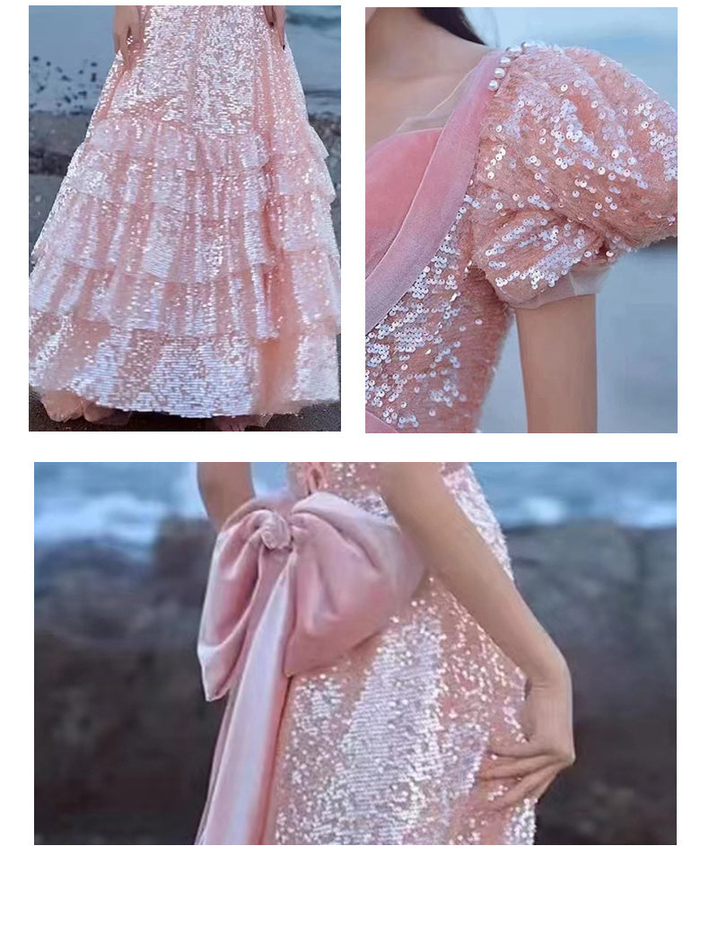 Vireous Soft Luxury Pink Layered Evening Dress