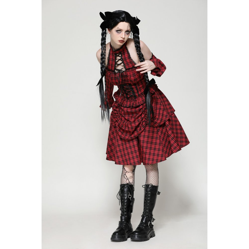 Dark in Love Rosalind Black and Red Tartan Cold Shoulder Halter Neck Dress