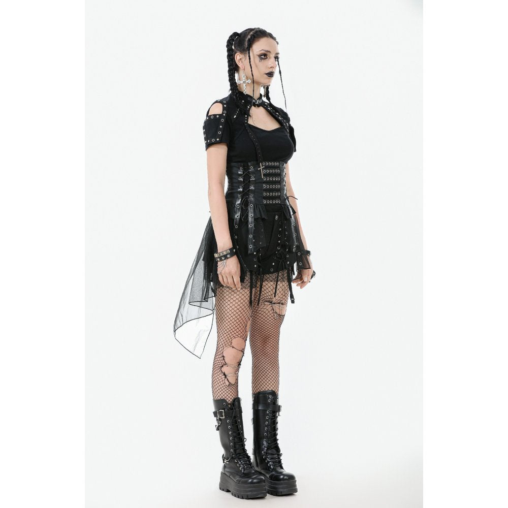 Dark in Love Draven Layered Mesh and Faux Leather Waist Cincher Skirt