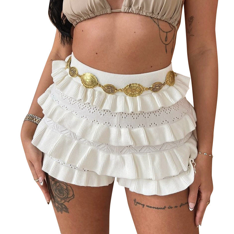 Sexy High-Waisted Knitted Multi-Layer Ruffle-Trimmed Shorts