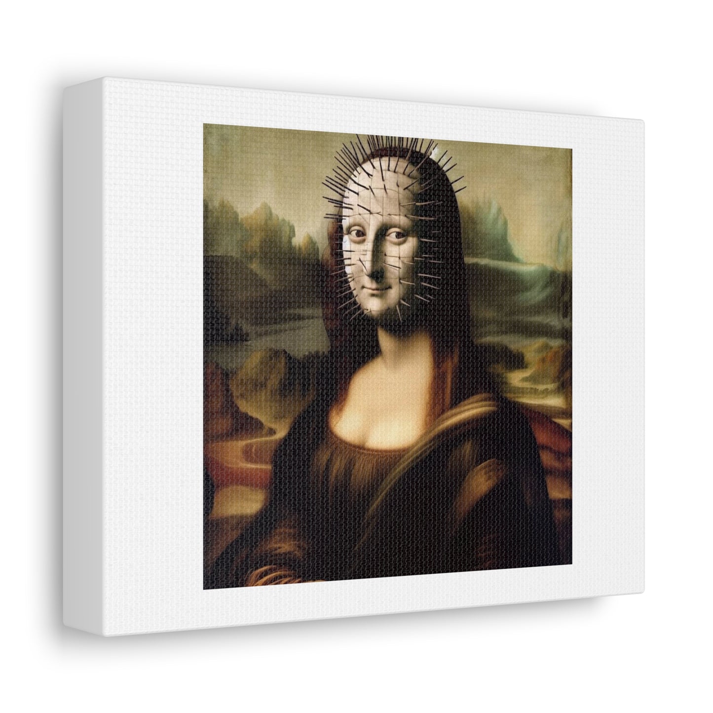 Mona Lisa as Pinhead from the Hellraiser Art Print 'Designed by AI' on Satin Canvas