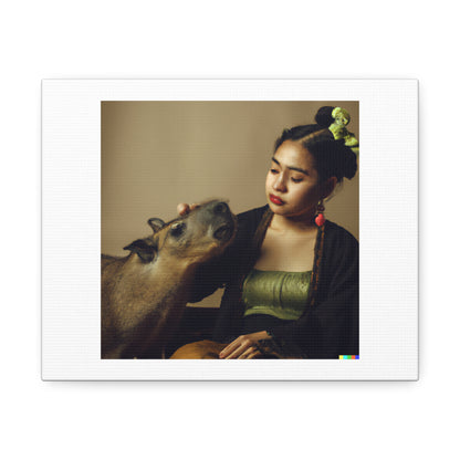 Portrait Of a Girl Next To a Capybara In The Style Of a Frida Kahlo Painting 'Designed by AI' on Canvas