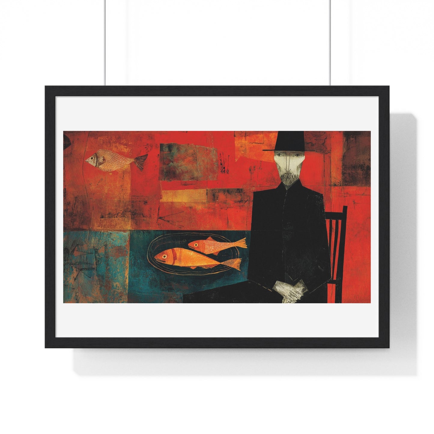 The Man and the Golden Fish in the Style of Modigliani 'Designed by AI' Framed Art Print