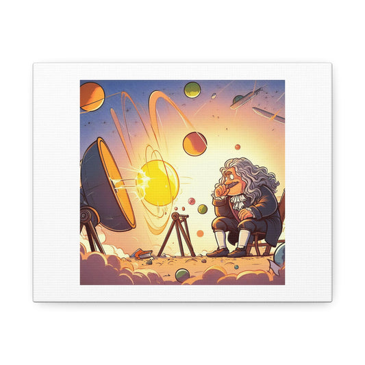 The Precise Moment Isaac Newton Discovered Gravity Cartoon Art II 'Designed by AI' Art Print on Canvas