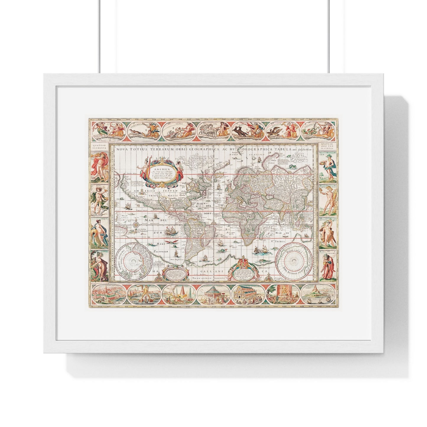 Map of the World 'Nova Totius Terrarum Orbis Geographica ac Hydrographica' (1635–1650) by Guiljelmo Blaeu, from the Original, Framed Art Print