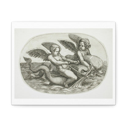 Two Cupids Riding a Dolphin by Adamo Scultori and Giulio Romano (circa 1540), Art Print from the Original on Canvas