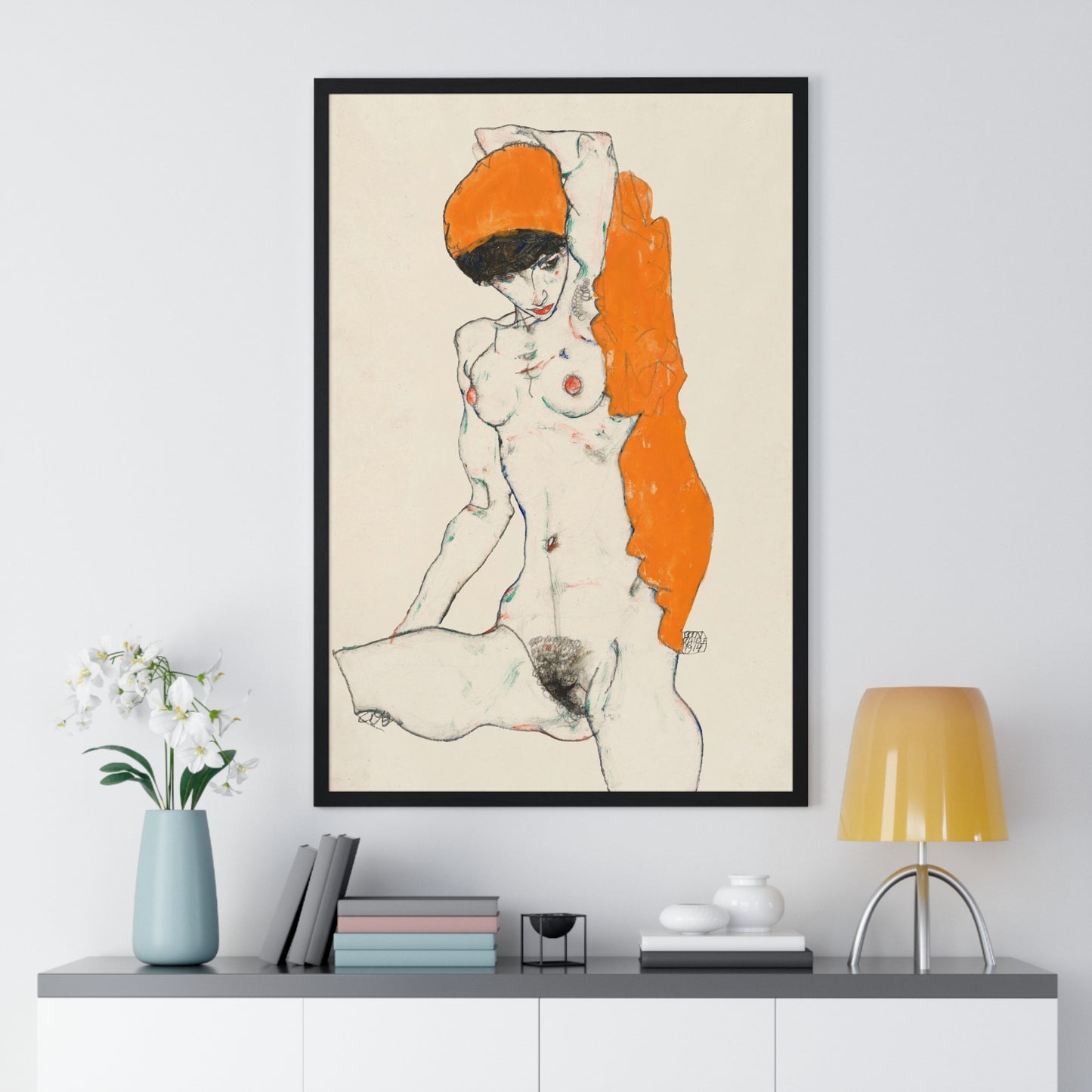 Standing Nude with Orange Drapery (1914) Line Art by Egon Schiele from the Original, Framed Art Print