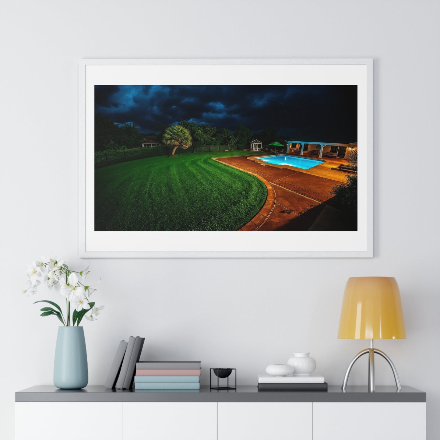 Dystopian Pool Scene II Photorealistic Art Style 'Designed by AI' Framed Print