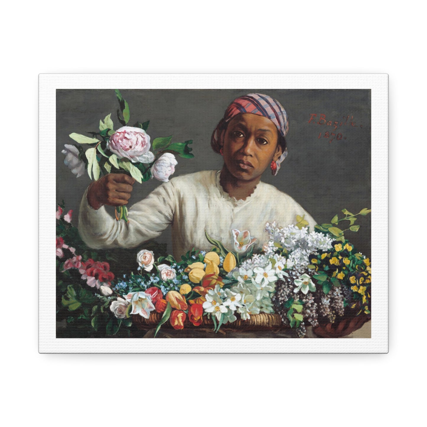 Young Woman with Peonies (1870) by Frédéric Bazille from the Original, Art Print on Canvas