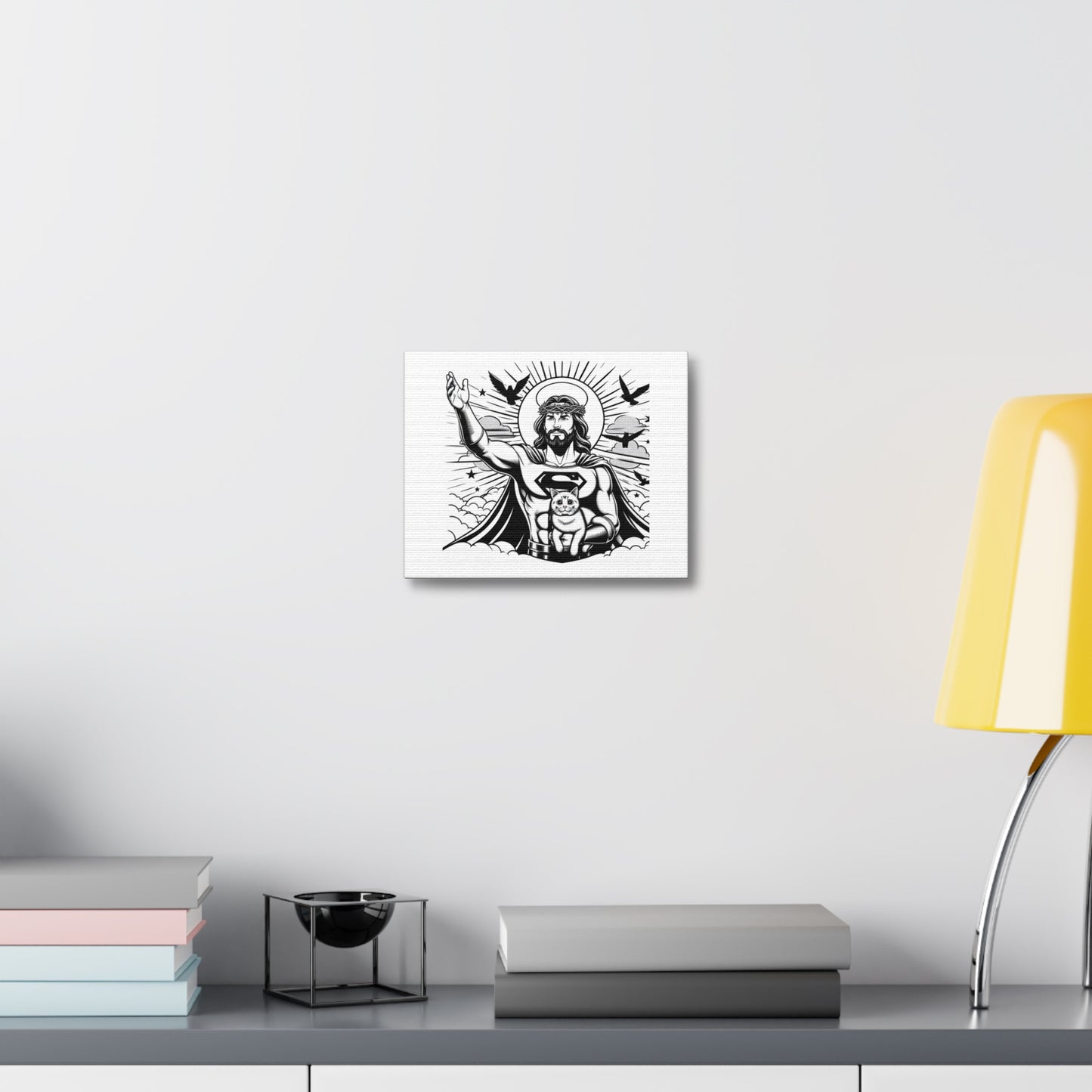 Jesus as a Superhero with a Cat on his Lap, Cartoon Art Print 'Designed by AI' on Canvas