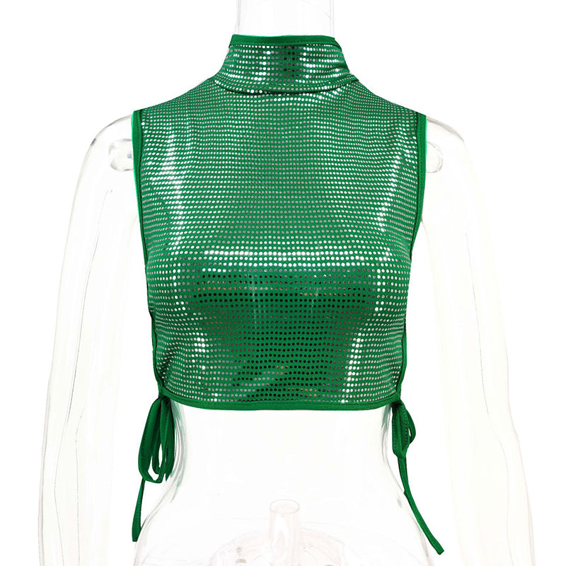 Fashion Nightclub Sequin Vest Top, Side-Stretch Cropped Vest in Green