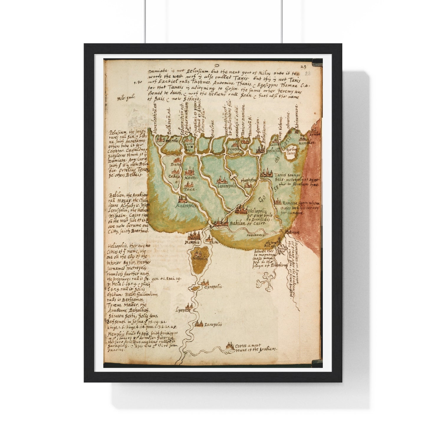 Antique Map of Lower Egypt (circa 1607) from the Original Sir Walter Raleigh Manuscript, Framed Print