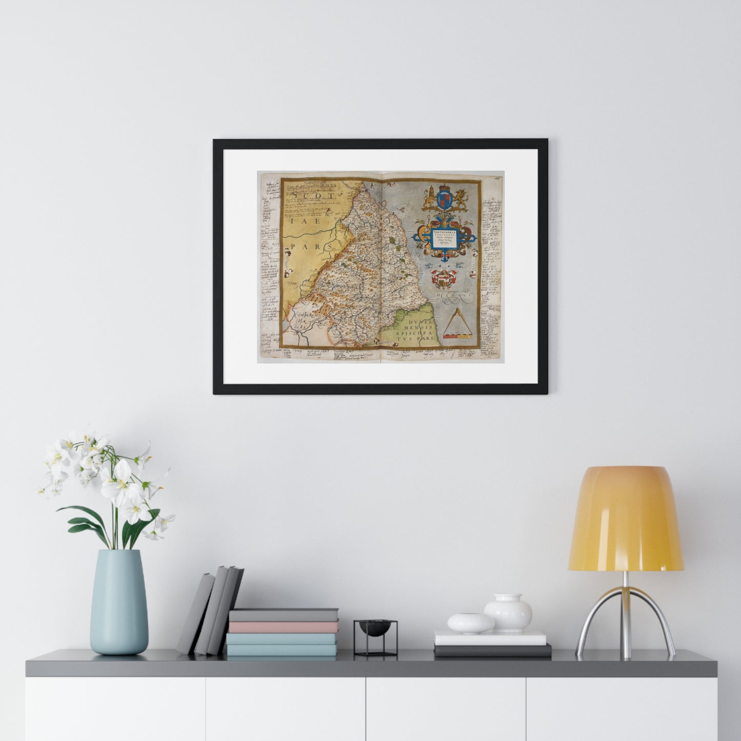 Tudor Antique Map of Northumberland from Lord Burghley's Atlas (1579) from the Original, Framed Print