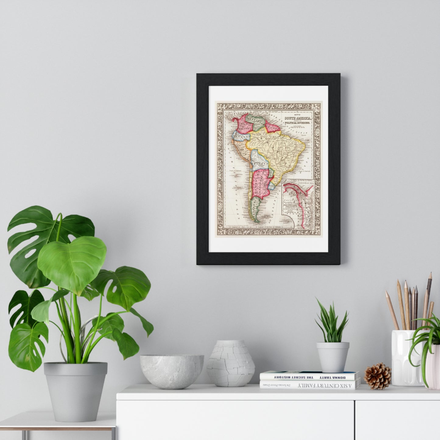 Antique Map of South America, Showing its Political Divisions (1863) by Samuel Augustus Mitchell, from the Original, Framed Art Print