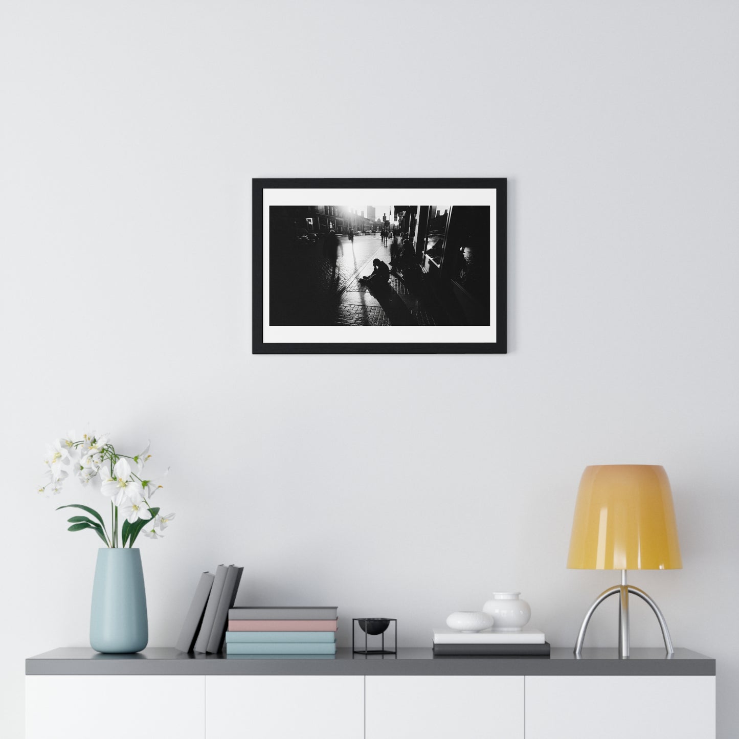 Black and White Photography, High-Contrast Cityscape 'Designed by AI' Framed Print