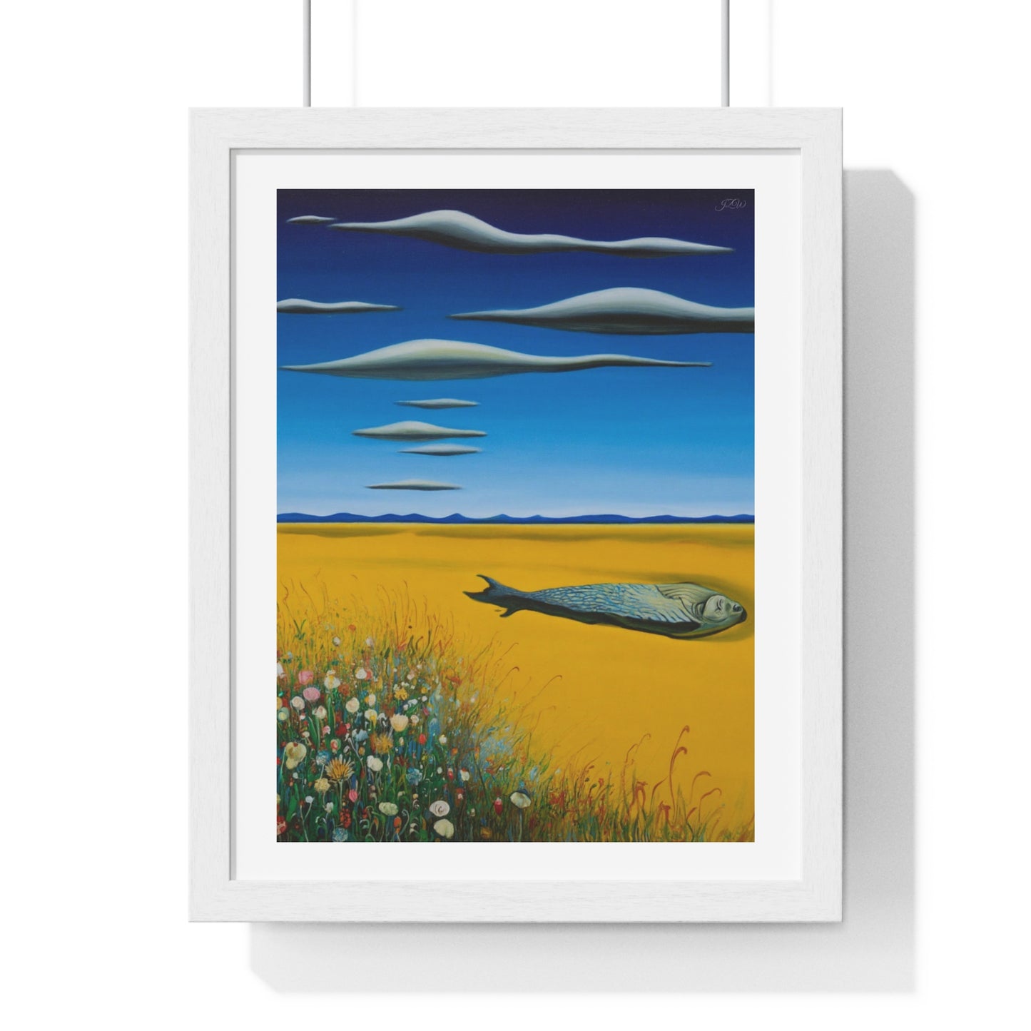 Yellow Meadow with Flowers, Surrealist Art 'Designed by AI' Framed Print