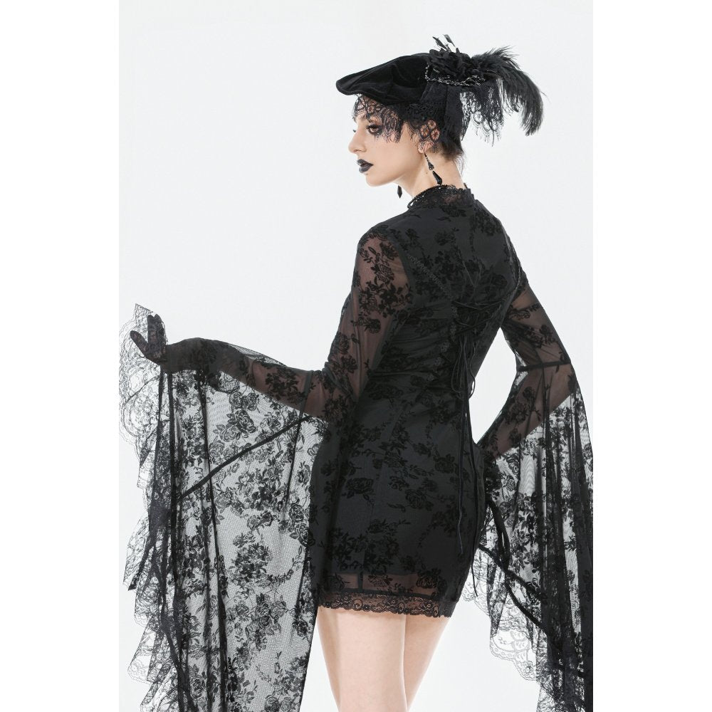 Dark In Love Minerva Bell-Sleeve Lace Dress in Black