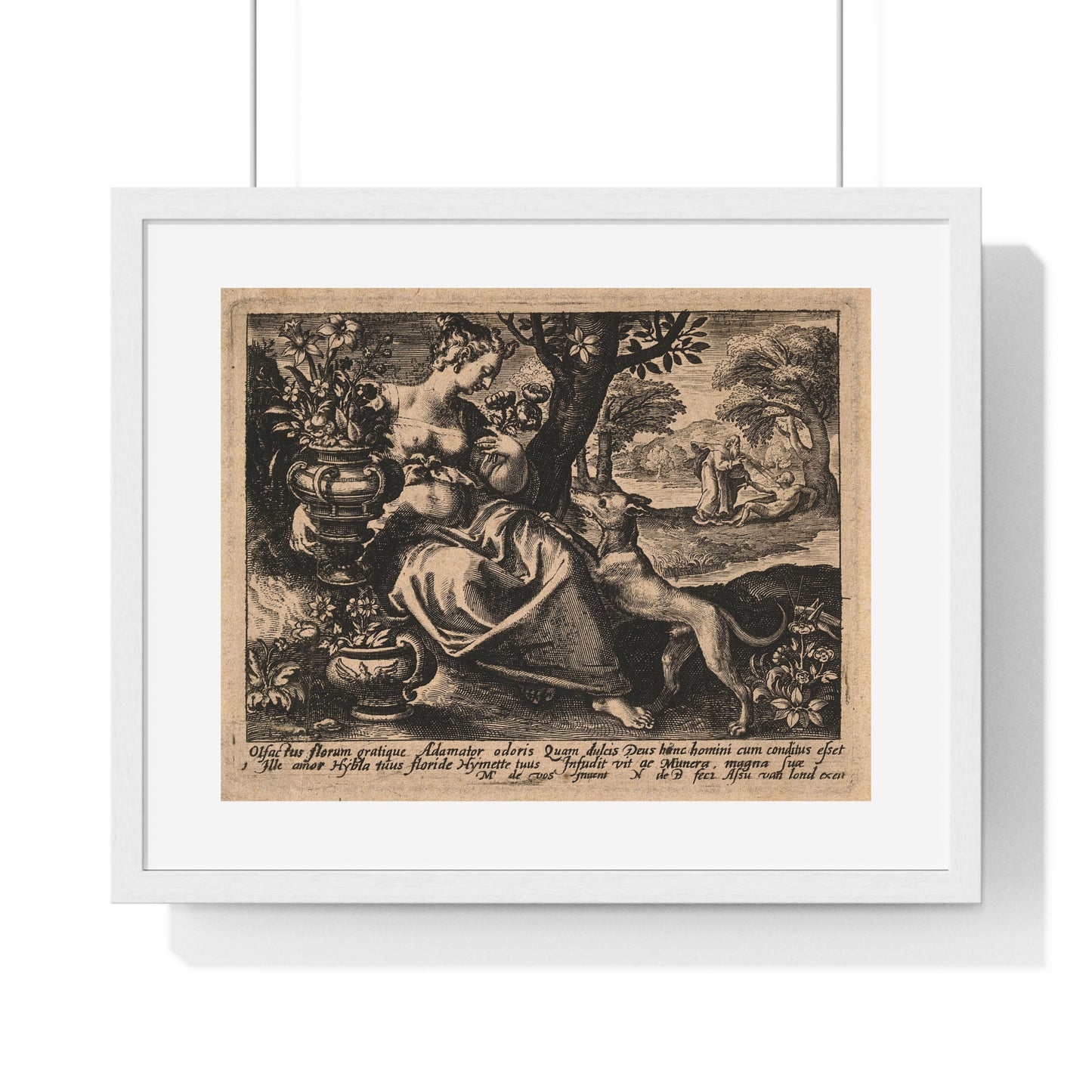 Woman in a Garden with Flowers, God Blows Spirit into Adam's Body, Reproduction Flemish Engraving, Framed Art Print