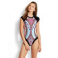 Brazilian Print Swimwear, Round Neck Backless Swimsuit