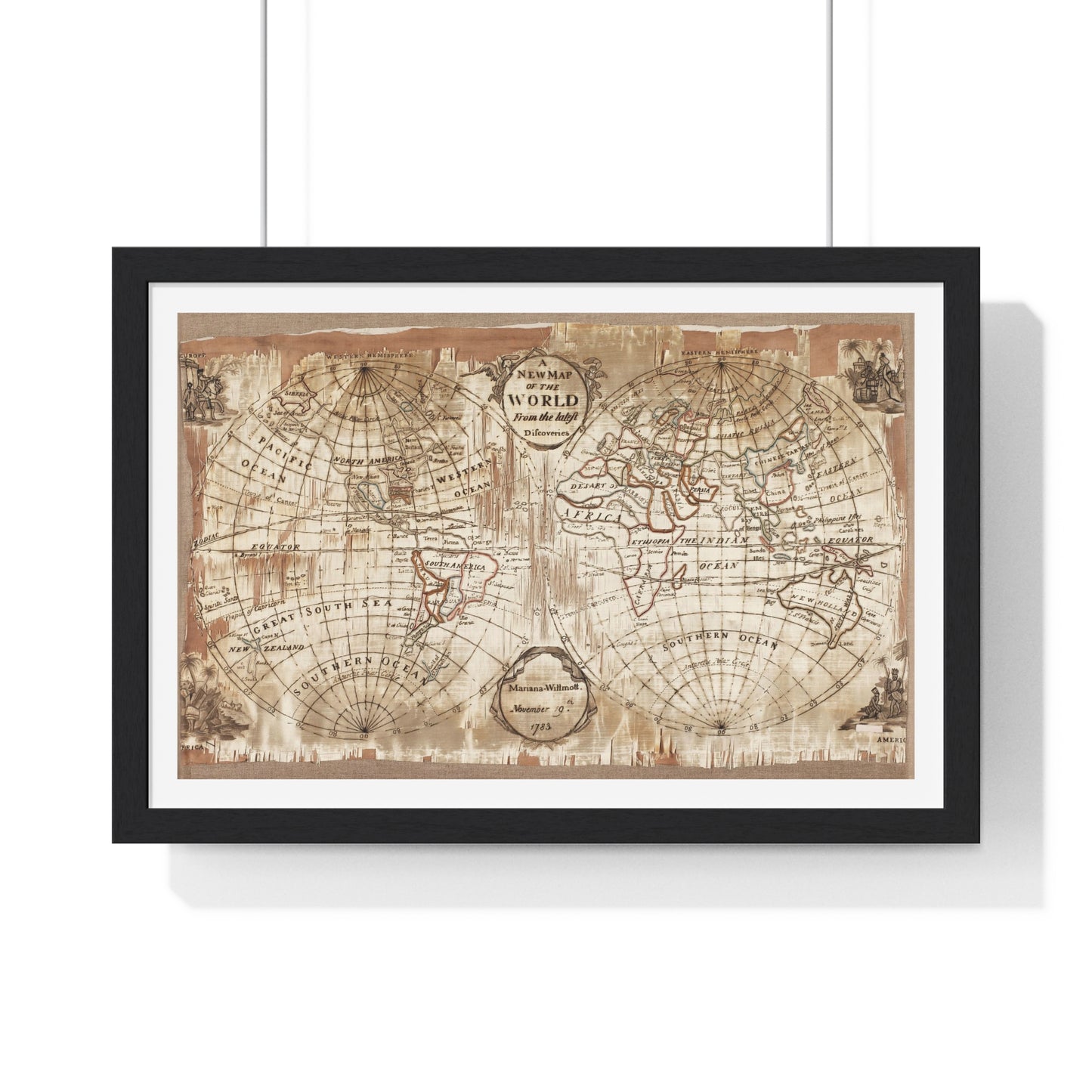 Embroidered World Map Sampler (1783) by Mariana Willmott, from the Original, Framed Art Print