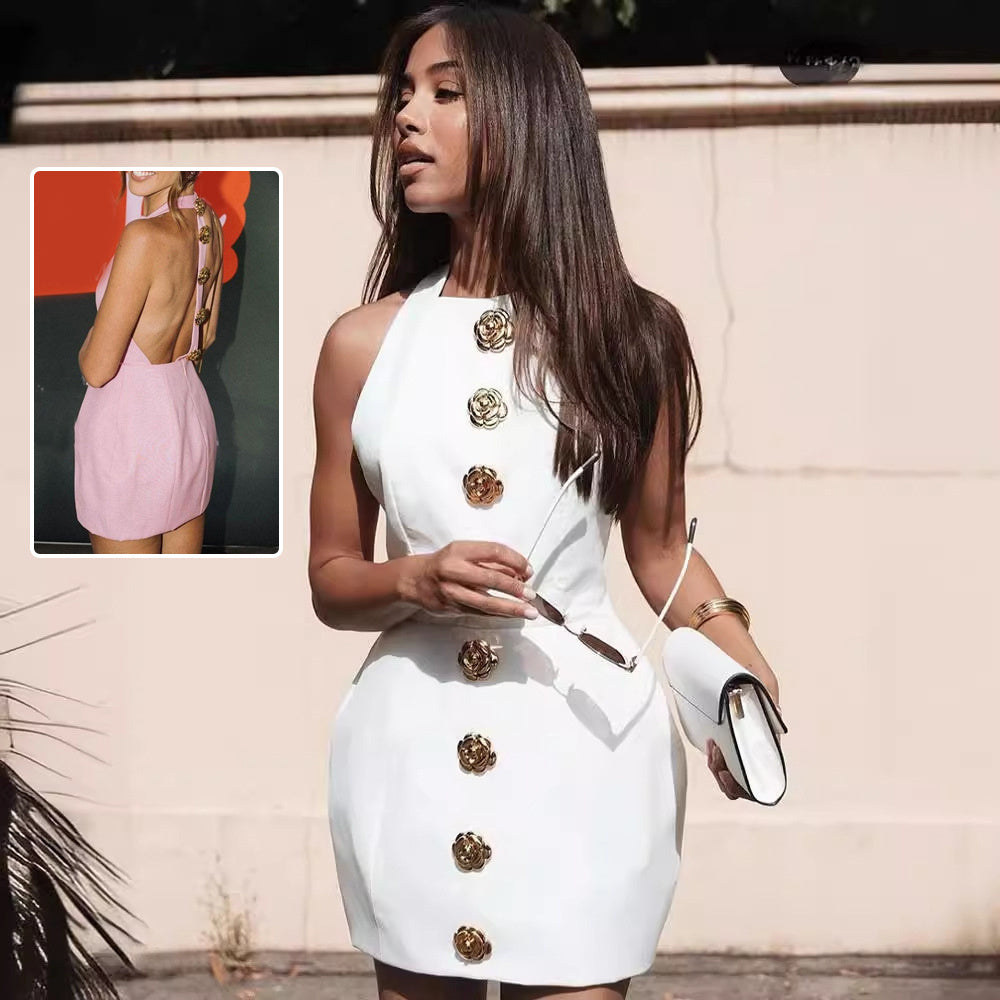 Vireous Sleeveless Backless Cocktail Dress with Feature Rose Button Design