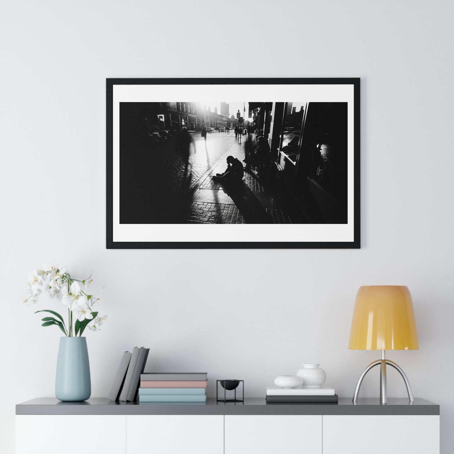 Black and White Photography, High-Contrast Cityscape 'Designed by AI' Framed Print